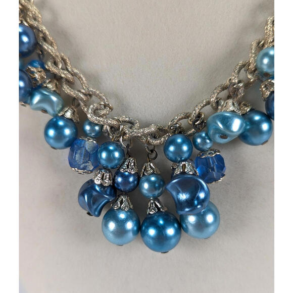 Vintage Blue Bead Necklace Statement Collar Gold Tone Braid Chain Chunky 17" - Picture 2 of 8